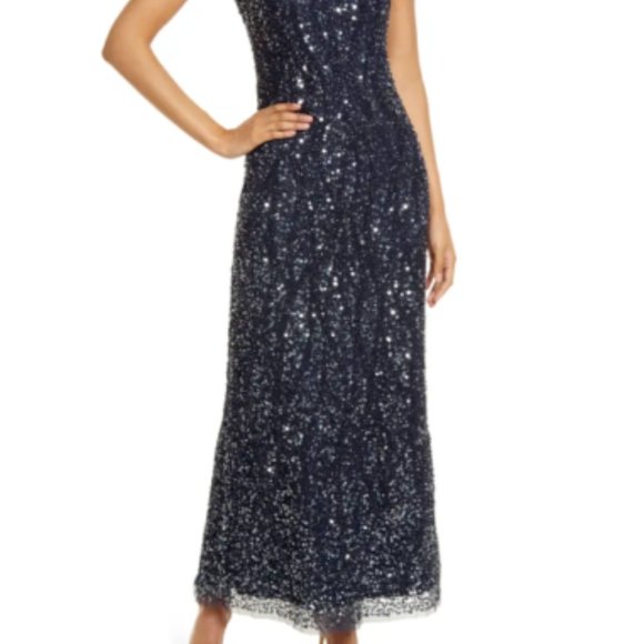 PISARRO NIGHTS BEAD & SEQUIN SLEEVELESS NAVY GOWN sz 2 - Picture 6 of 9